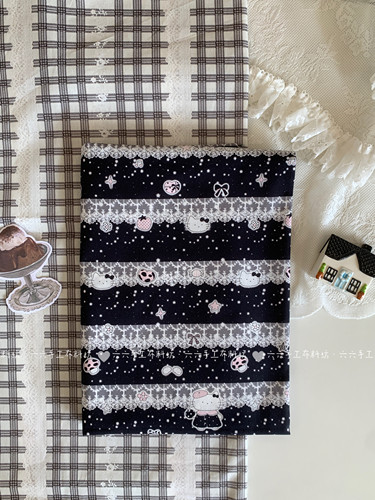 全棉40支印花布可爱卡通黑色蕾丝猫咪布家居服发饰童装布diy布料