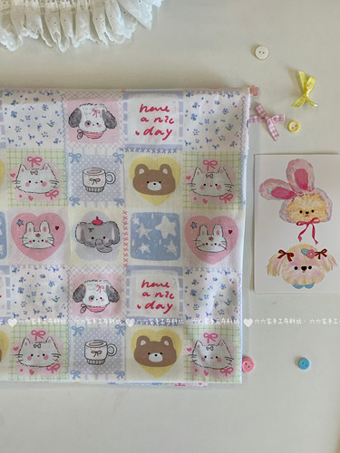 全棉60支印花布料可爱卡通动物拼格面料家居服发饰童装diy布料