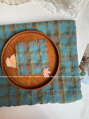 韩系ins色织泡泡涤棉苔青复古格纹薄布料服装发饰包包发圈手工diy