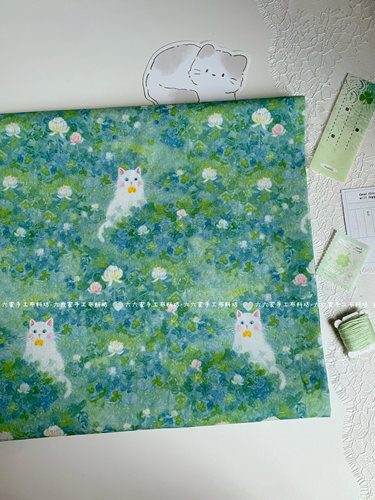 全棉40支印花面料可爱画报风绿野猫猫服装发饰包包发圈手工diy布