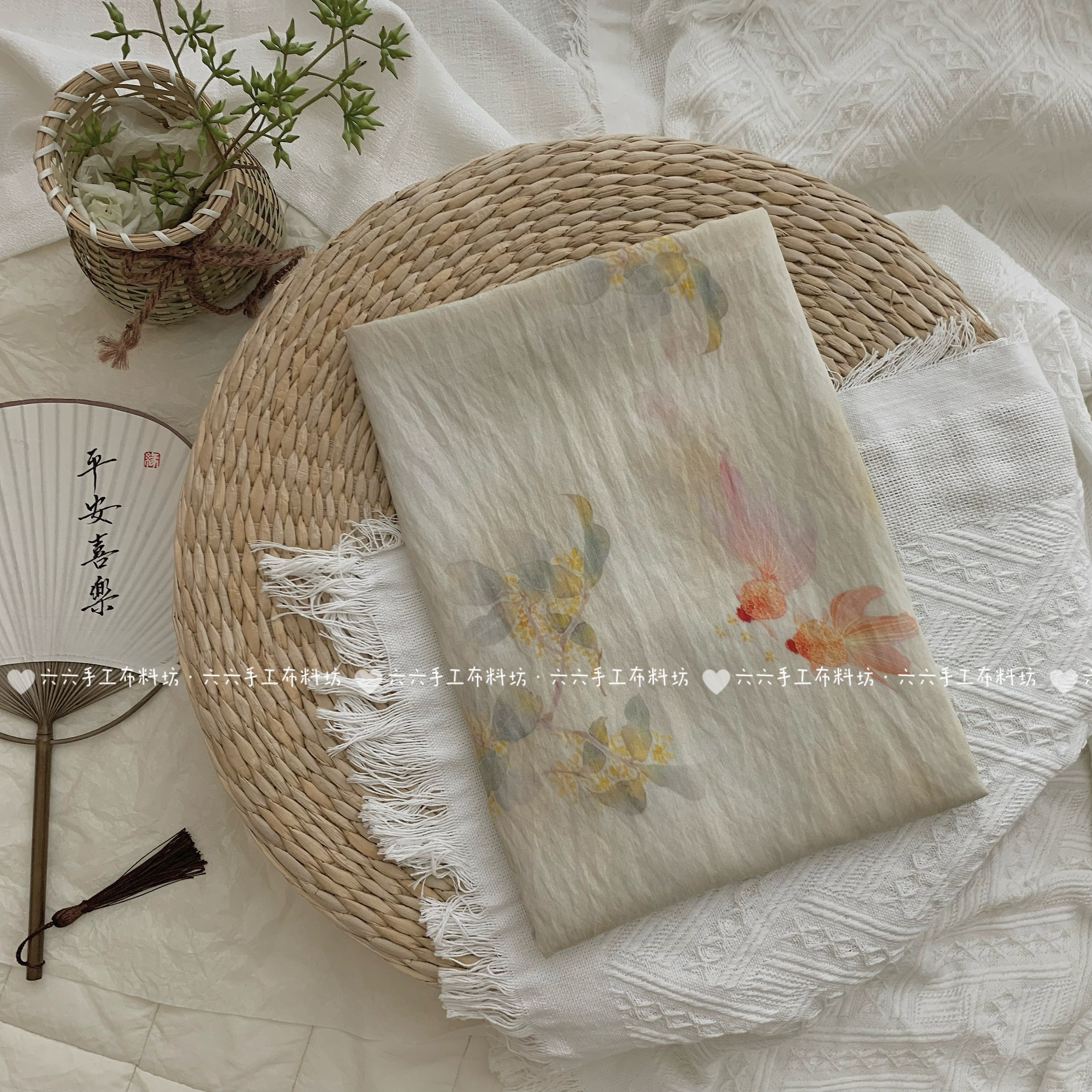 天丝麻印花面料金鱼戏水新中式复古风国风碎花连衣裙女装旗袍布料图片