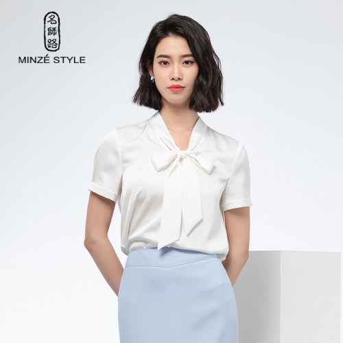 名师路白色衬衫女夏装新款飘带短袖设计感小众直筒法式上衣