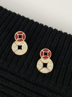 DOUDOUSTORE 925银针新年红色钱币铜钱招财耳环财运亨通2025耳饰