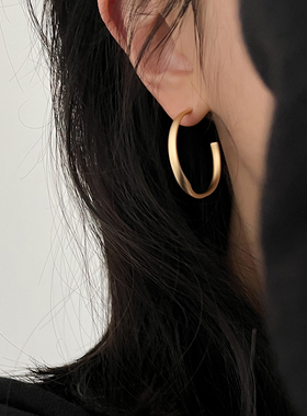 DOUDOUSTORE925银针复古雾面金色耳圈复古金属迷雾圆圈耳环耳饰女