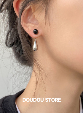 DOUDOUSTORE925银针黑玛瑙两戴金属水滴耳环简约休闲中性甜酷少女