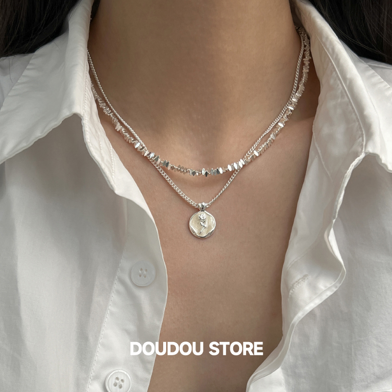 doudoustore双层碎银玫瑰项链