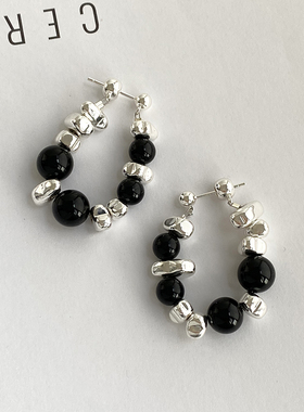 DOUDOUSTORE925银针设计感碎银子黑玛瑙耳环小众潮酷耳钉耳饰女