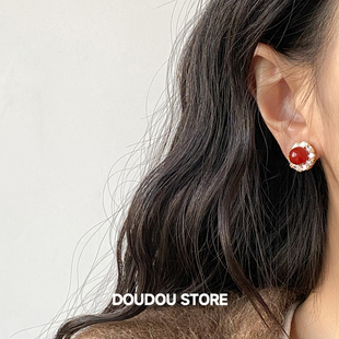 DOUDOUSTORE满钻天然红玛瑙复古贵气千金感新年红色耳环耳钉女