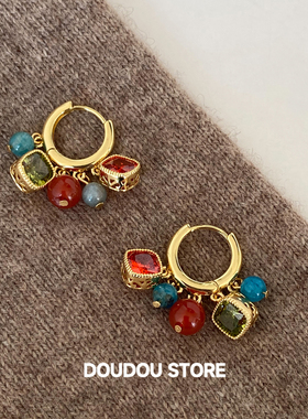 DOUDOUSTORE 红色撞色秋冬锆石手工设计感高级感串珠耳环女新款
