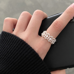 DOUDOUSTORE 保色宫廷风蕾丝几何镂空开口戒指女白银色复古设计感