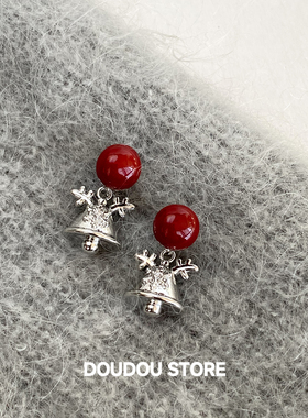 DOUDOUSTORE925银针可两戴的耳环圣诞铃铛耳环耳钉个性红色女ins