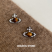 DOUDOUSTORE甜酷风天然虎眼石耳钉女黑色个性 小众气质土星