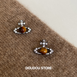 DOUDOUSTORE925银针甜酷风天然虎眼石耳钉女黑色个性小众气质土星