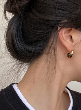 DOUDOUSTORE 复古美拉德虎眼石耳环高级感玳瑁色圆珠耳钩耳挂耳饰