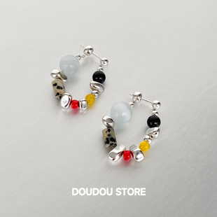 DOUDOUSTORE925银针夏天天然石彩色串珠耳环女不规则碎银高级感