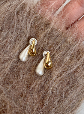 DOUDOUSTORE925银针双色水滴耳环简单设计感个性百搭耳钉耳饰女