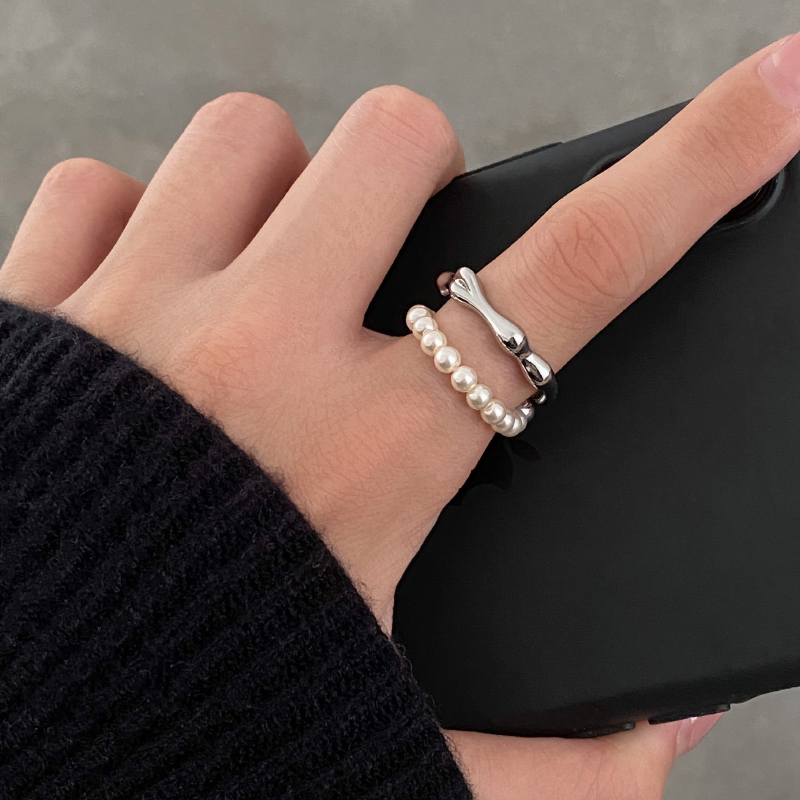 DOUDOUSTORE保色双层珍珠液态金属戒指女开口调节食指指戒手饰