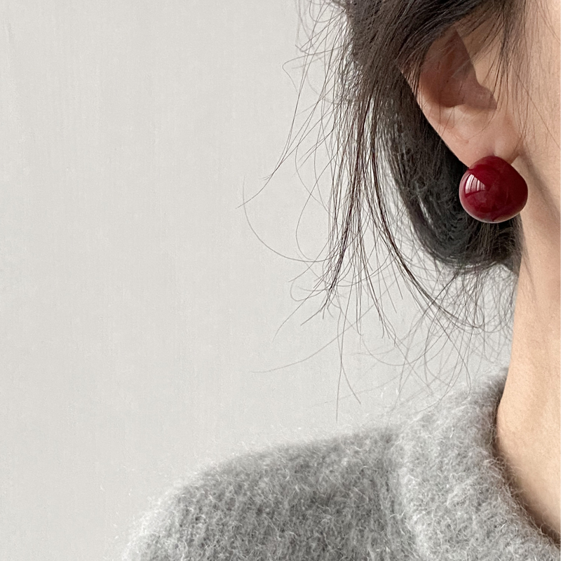 DOUDOUSTORE酒红色圆球耳环