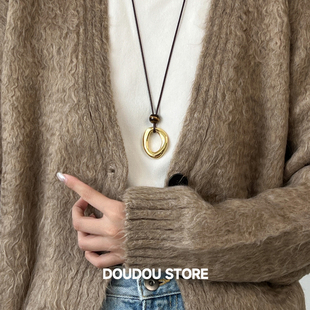 DOUDOUSTORE保色天然虎眼石几何金属黑皮绳毛衣链女高级百搭项链