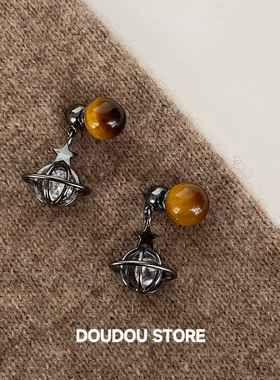 DOUDOUSTORE925银针黑色天然虎眼石星星个性土星百搭耳钉耳环女