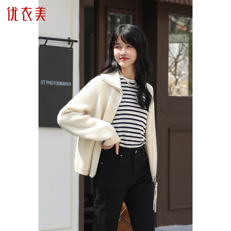 优衣美时髦微宽松女式新款休闲慵懒风翻领拉链针织衫15813