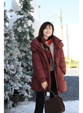 优衣美冬季新款加厚长款立领白鸭绒羽绒服纯色直筒外套37252