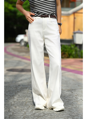 优衣美春新款高腰直筒阔腿裤女中式棉弹牛仔布微弹透气26183