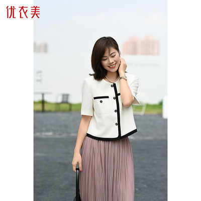 优衣美小个子宽松短款时尚气质圆领女式新款小香风外套16089