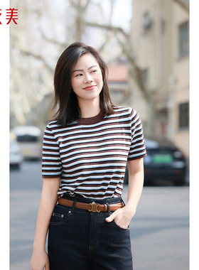优衣美春季新款纯棉圆领短袖女休闲条纹套头衫亲肤透气12640