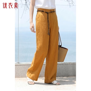 优衣美亚麻混纺阔腿裤夏季薄款垂感透气不闷汗显瘦长裤23880