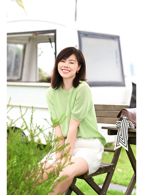 优衣美夏季新款女短袖棉质印花套头衫宽松休闲薄款上衣14971