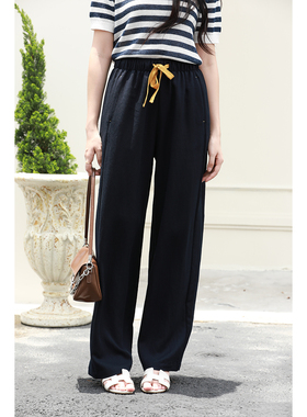 优衣美夏季新款直筒阔腿裤女高腰休闲裤绑带松紧腰显瘦23805