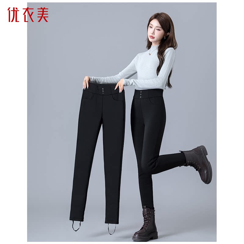 优衣美高腰打底鹅绒裤时尚装饰腰单面羽绒裤23839