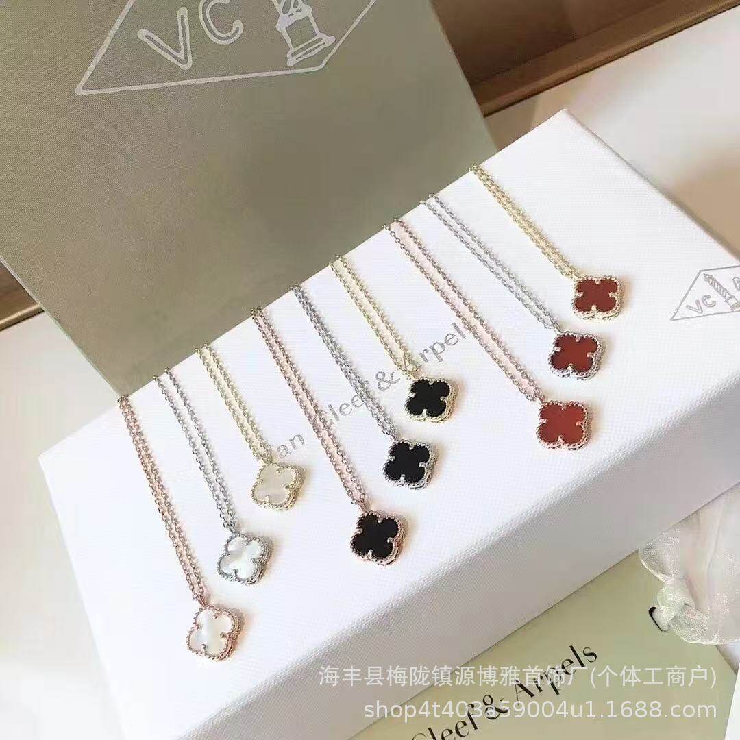 V金新款mini四叶草项链女18k金高版白贝母迷你手链幸运草吊坠锁骨