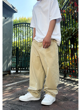 复古做旧卡其色美式休闲牛仔裤滑板街舞breaking宽松大码直筒长裤