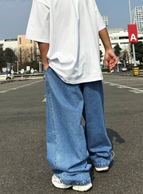 松紧美式复古深蓝色牛仔长裤男成人少儿街舞牛仔裤演出服嘻哈表演