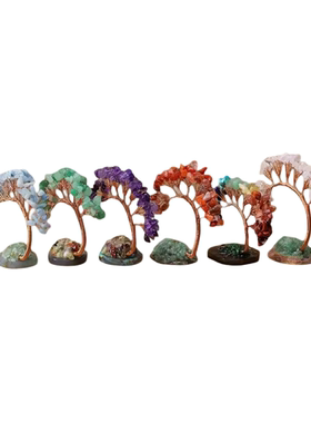 天然水晶碎石玛瑙凤尾树手工编织七彩水晶树发财树桌面装饰摆件