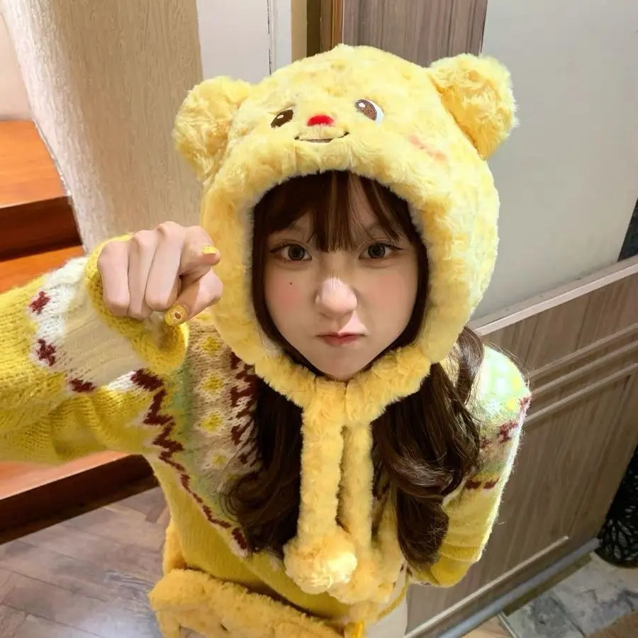 可爱黄油小熊毛绒帽子女冬季百搭显脸小防寒保暖护耳大头围雷锋帽