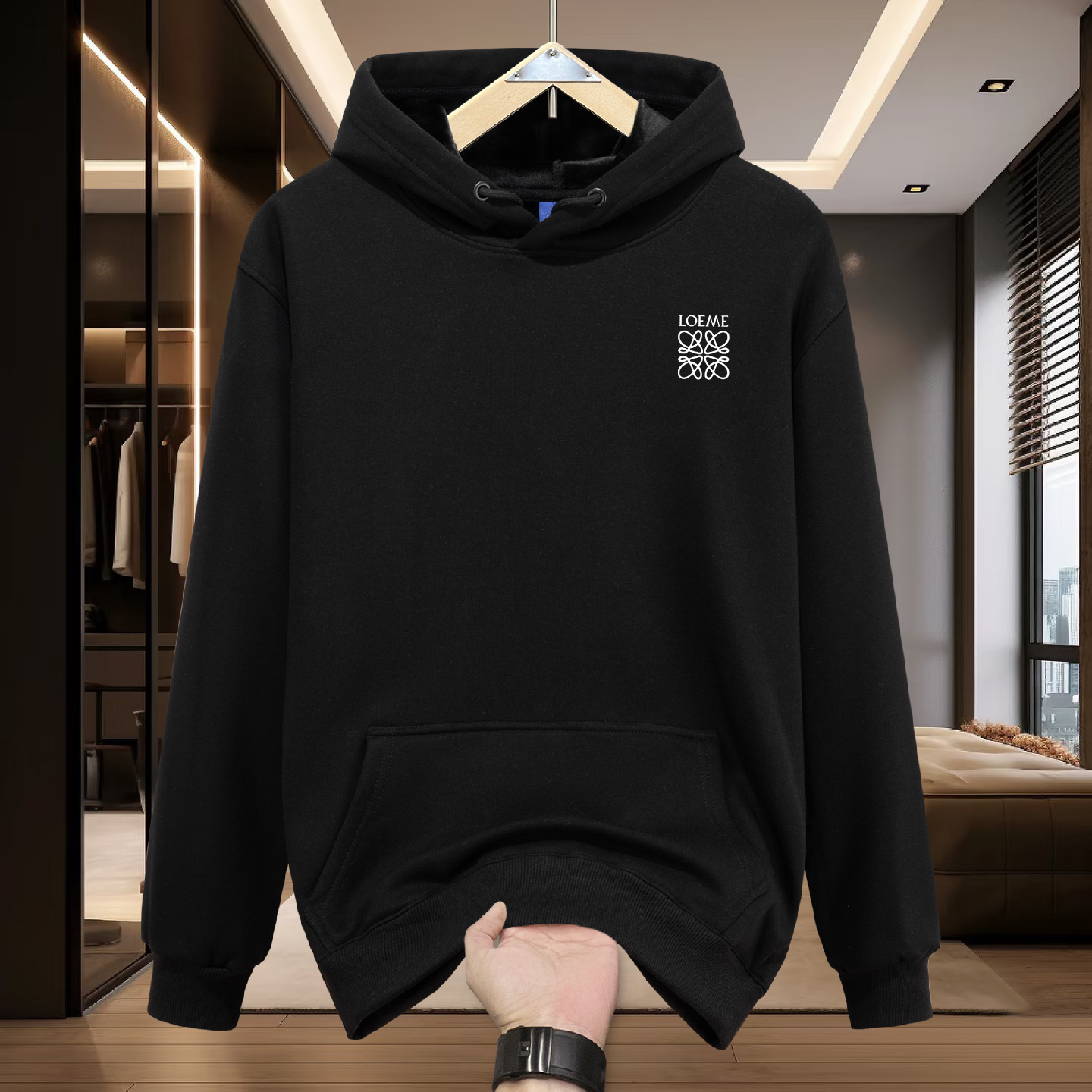 秋冬新款罗家卫衣男士美式连帽套头外套重磅加绒加厚衣服冬季男装