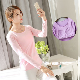 棉带胸垫女长袖T恤背心brat免文胸无钢圈罩杯一体瑜伽内衣打底