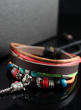返古部落牛皮编织多层手链