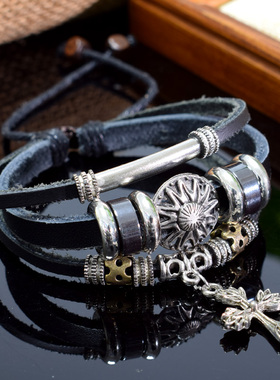 返古部落复古皮革十字架手链