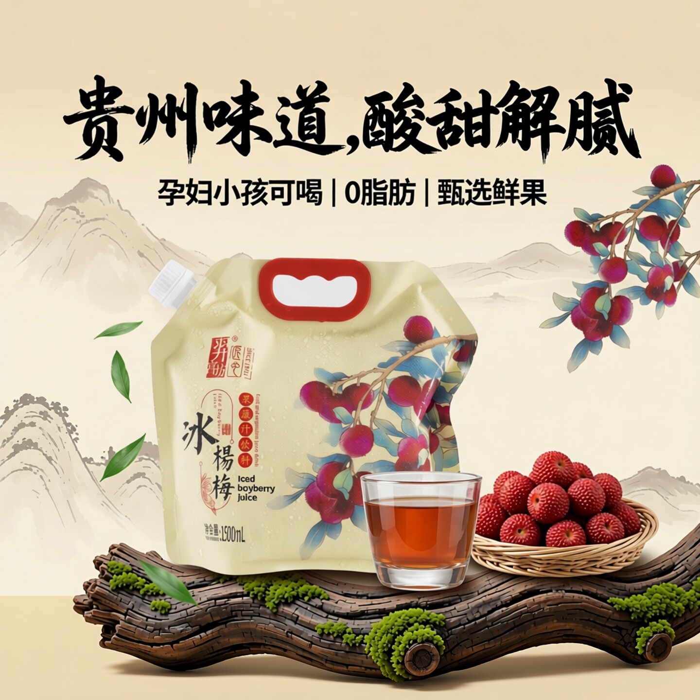羿宫坊冰杨梅汁1500ml家庭装贵州天然饮品孕妇小孩可喝果汁饮料