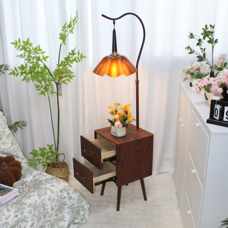 中古风网红落地灯客厅卧室沙发边几置物架复古床头柜茶几一体台灯,家装灯饰光源,装饰落地灯,淘宝优惠券,粉丝福利购,淘宝优惠卷