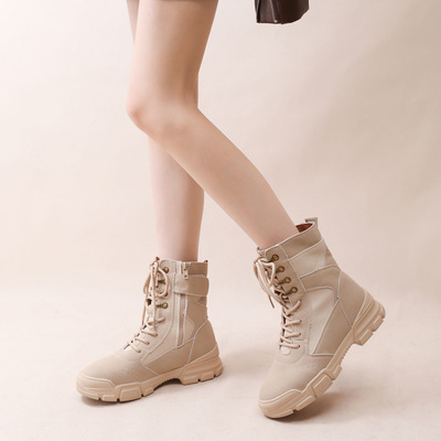米色女款厚底马丁靴工装短靴春秋