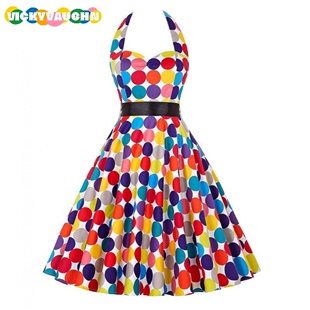 赫本复古港风年代少女感挂脖彩色波点收腰显瘦酒吧表演舞蹈连衣裙
