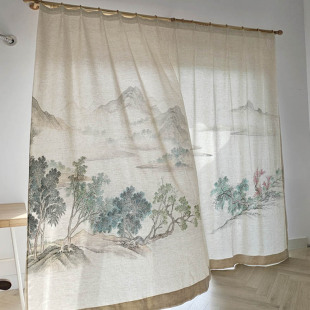 新中式国风窗帘隔断帘亚麻高档艺术定制窗纱遮光茶室书房湖山春暖