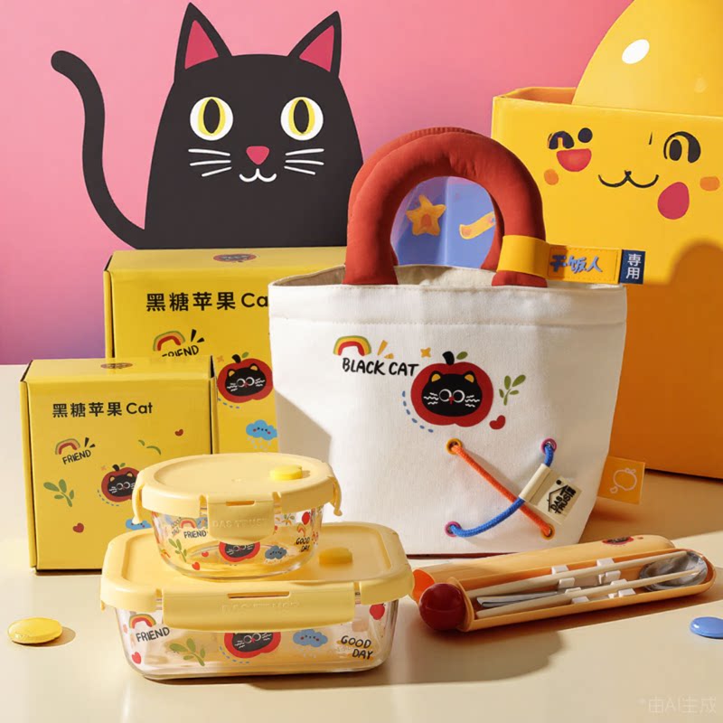 创得黑糖苹果猫玻璃饭盒微波炉加热专用餐盒上班族新款水果便当盒