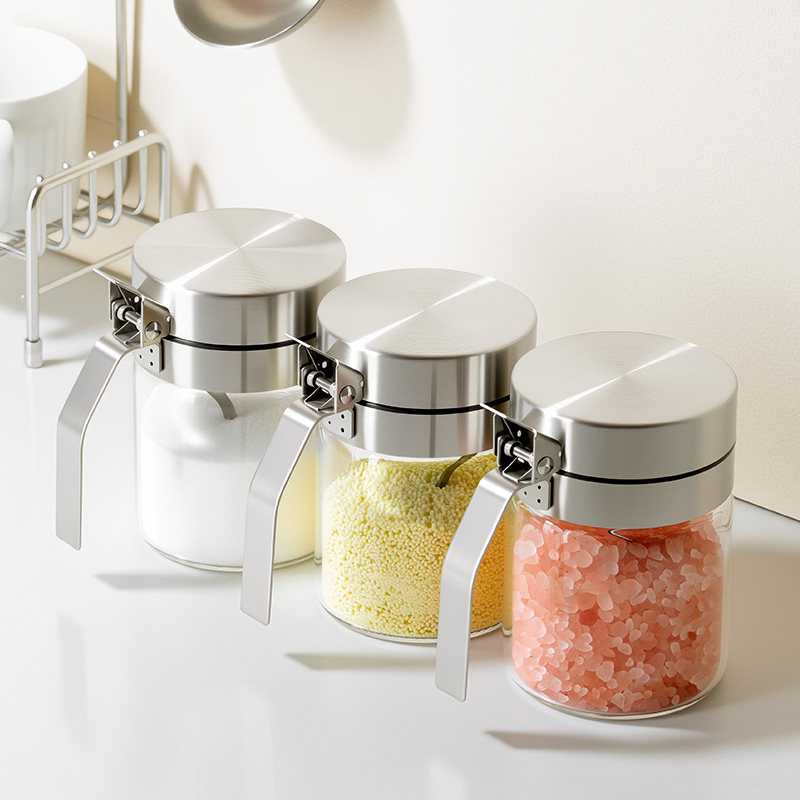 厨房玻璃调料盒家用不锈钢调味料罐分装瓶密封盐罐控量调料收纳盒