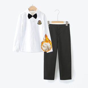 花童主持人小学生表演出服秋冬 黑裤 加绒男童礼服套装 儿童白色衬衫